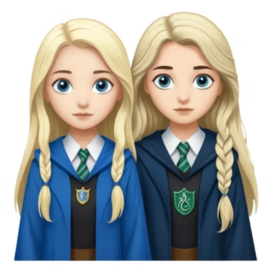 a pretty ravenclaw girl with long dark brown hair and blue eyes standing with a pretty Slytherin girl with long blonde hair, blue eyes sticker