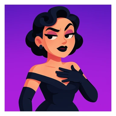 cute animated 3D cartoon character of a glamorous woman with short black hair in elegant curls, wearing a dark navy blue off-shoulder gown and long black gloves, confident slightly smug facial expression with bold dark makeup including black lipstick and sharp eyebrows, hand placed on chest as if in disbelief or sass, bright purple gradient background, mobile game character art style sticker