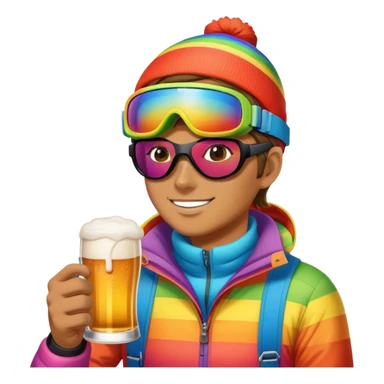 After-ski, a skier, with modern rainbow-colored skiing goggles, drinking beer sticker