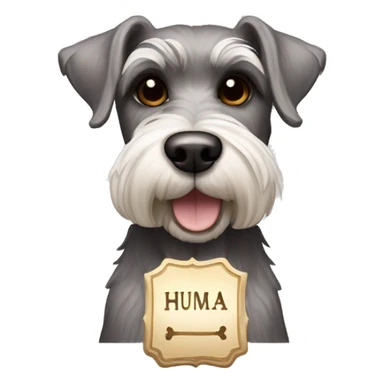 Schnauzer dog with dark brown eyes and a plaque in bone form that says HUMA sticker