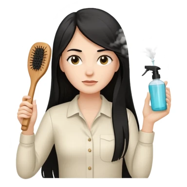 A white woman with long, straight black hair, wearing an ivory-colored shirt, holding a small square wooden paddle hairbrush in her left hand and spraying a hair mist bottle with her right hand toward her hair. sticker