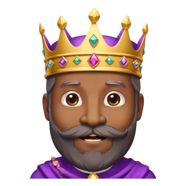 Create a cartoon-style emoji of Baltasar, one of the Three Wise Men. Only show his face and crown. He is older, with dark skin and a full black beard, joyful wrinkles, and a purple and gold jeweled crown. Express warmth, wisdom, and friendliness. Colorful and simple, suitable as an emoji. sticker