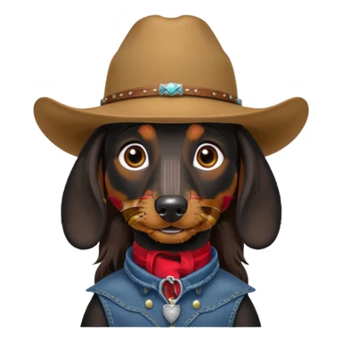 mostly black with some brown long hair daschund with a cowboy hat sticker