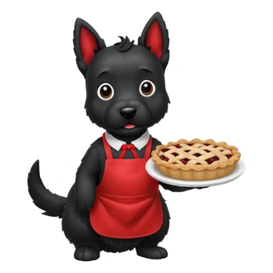 Black Scottie dog wearing red apron holding a pie sticker
