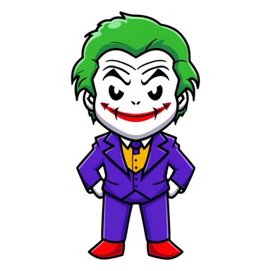 The Joker villain full body with green hair, purple suit, white face, red lips, sinister smile sticker