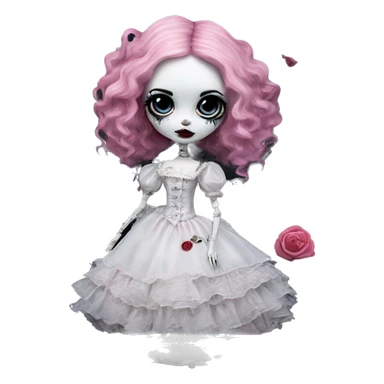 PINK LANDSCAPE PICTURE WITH FRAME: full height, tim burton "corpse bride", porcelain doll with a cracked face, goth makeup watery eyes, long hair, lace and ruffles, lolita style, inked, black and white, red roses sticker