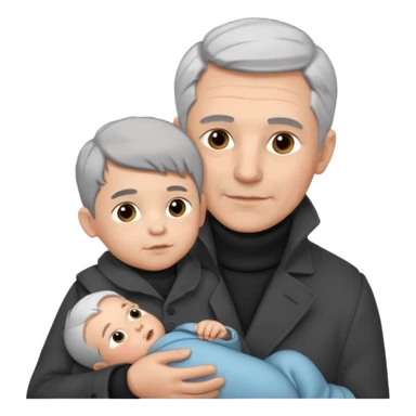 A father with silver-grey hair styled neatly and a clean-shaven face, wearing a dark turtleneck and wool coat, holding his baby sticker