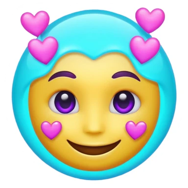 futuristic glowing emoji face smiling with floating neon hearts, purple and cyan holographic light, dark background sticker