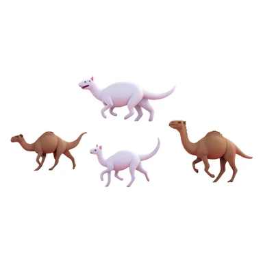 A white cat chasing a T-Rex in the desert with a herd of camels staring at them sticker