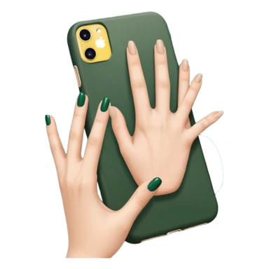 female hand with nude manicure showing all 5 fingers holding an iPhone in a dark green case, side view, emoji style sticker