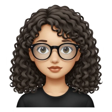 create a frontend girl that has a round face long curly hair with a side curtain bangs and wears black square rayban glasses doesnt smile with her teeth and white sticker