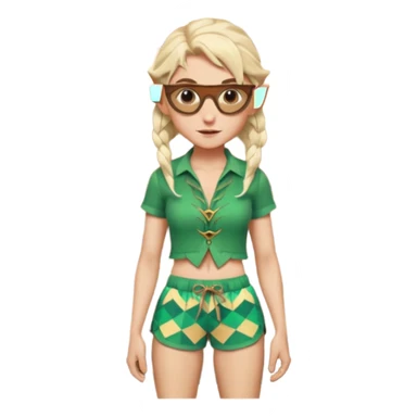 elf female legolas portrait, patterned board shorts (geometric/abstract), unique wooden-framed sunglasses, undercut hairstyle, slight smirk, visible pointy ears, no background, centered emoji, hipster summer vibe coctails  sticker