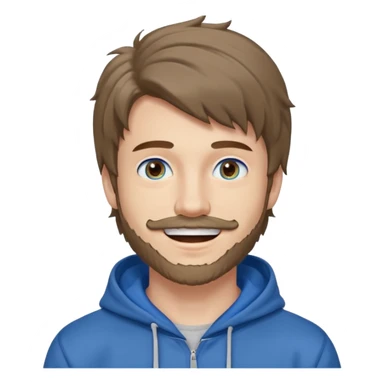 20 year old man, short scruffy beard and thin moustache, brown puffy mullet, blue eyes, big smile, white teeth, big lips, pronounced jaw, hair longer in back, sticking up on top, thin face, grey hooded sweatshirt, pale skin, big smile, blue eyes, puffy hair that is long in back, blue eyes sticker