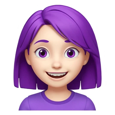A cute 3D animated emoji character of a young girl face with vibrant purple hair. She has big expressive eyes and a wide happy smile showing teeth. The style is like a Pixar or Disney movie character, soft textures, high quality CGI render, isometric view, on a solid plain white background. sticker