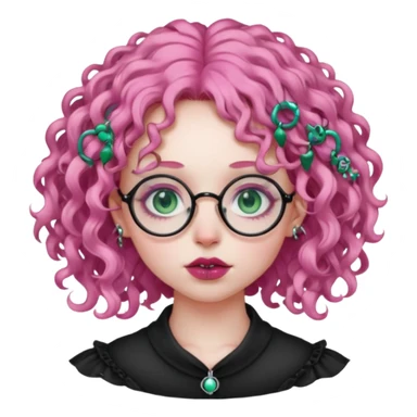 . Gothic girl with pink curly hair, round glasses, septum piercing, nostril piercing, almond eyes, blueish green eyes, sticker