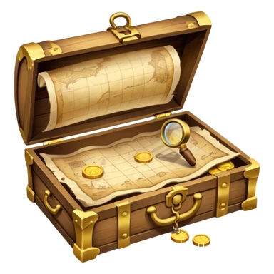 An icon depicting a treasure map with an open chest, surrounded by clues and mysterious symbols. A magnifying glass hovers over the map, symbolizing the thrill of discovery and adventure. Set on a transparent background, it should evoke the excitement of solving puzzles and exploring new worlds. sticker