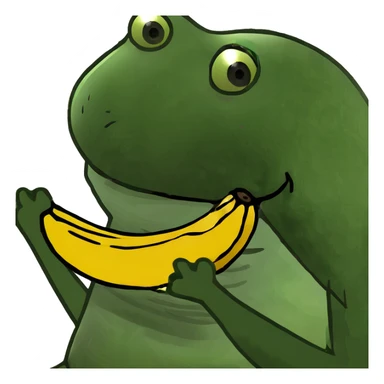 Pepe the frog eating a banana, bufo style meme, happy expression sticker