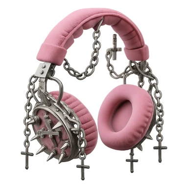 Add dramatic silver chains and dangling cross charms to the realistic pink gothic headphones with velvet ear cups, silver spikes, and subtle cross motifs. Keep the background transparent. Maintain the realistic pink gothic style with velvet texture and silver details. sticker