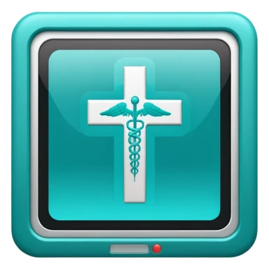 Emoji-style icon of a medical cross inside a scan frame with data lines, symbolizing AI disease detection. Simple emoji design, teal and white theme, no text, transparent background. sticker
