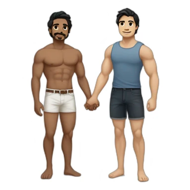 Gay couple, 1 Latino male heritage taller black hair a bit muscled, the other one white Australian male blonde hair holding hands with a cat in the middle of them. Full body sticker