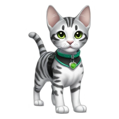 cute light white and grey domestic shorthair tabby with green and blue eyes black pupils, walking and playing wearing a cute costume sticker