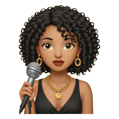 brown skin woman, curly black hair, singer, hold micro sticker