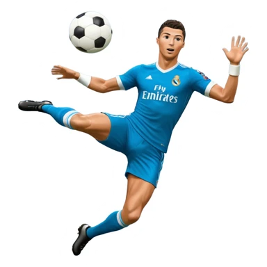 Ronaldo doing a bicycle kick with football in mid air While wearing a Retro blue Real madrid kit and yes i want it to be exactly the same as he Scored it in 2018 vs Juventus  sticker