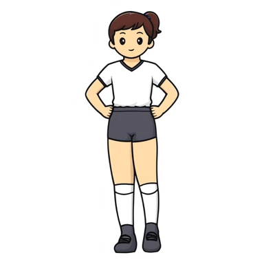 person standing with legs apart, wearing three-point shorts and black pantyhose sticker