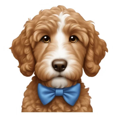 Red brown goldendoodle puppy white nose and chest blue bow in ear  sticker