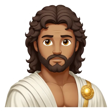 Cinematic Realistic Hercules Portrait, depicted as a classical Greek hero inspired by the Disney version yet echoing the refined proportions and serene dignity of Michelangelo's David. His idealized, sun-kissed bronze skin glows with timeless strength, and his thick, wavy dark hair falls in natural, sculpted curls. Draped in a flowing white robe with delicate golden accents, his expressive eyes radiate determined nobility, all rendered under dynamic natural lighting with a mythic, radiant glow. sticker