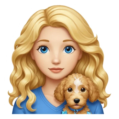 Long blonde hair, blue eyed woman with wavy blond goldendoodle sticker