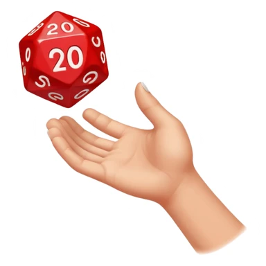 A hand tossing a red 20-sided die the number 20 visible sticker