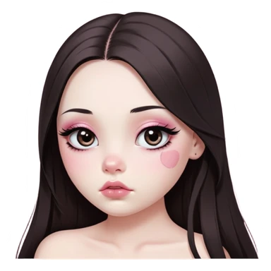 girl with white skin, dark brown long realistic straight hair with middle part prominently falling in front of her body over her shoulders, very big pouty extra shiny lips with absolutely no cupid's bow, big round eyes with very black shiny eyeballs and huge eyelashes, no eyeshadow, pink blush on cheeks, lighter button nose, extremely long oval-shaped face, wearing a pink off-shoulder top, looking directly at camera with hands down at sides sticker