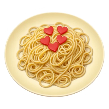 loose tangle of pale yellow cooked spaghetti with soft glossy texture and natural curves, strands slightly twisted and overlapping, freshly prepared dish, no bowl or chopsticks. Add tiny read hearts on the spaghetti sticker