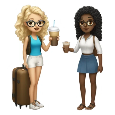 2 girls traveling to Greece, one with blonde curly hair with an iced coffee in her hand, the other with waist black hair in a pony tail with glasses and a suitcase sticker