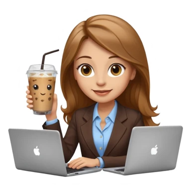 Women in front of laptop with a happy face, long light brown hair, light brown big eyes, light skin with a iced coffee on the side, business attire sticker