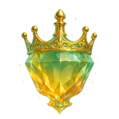luxurious crystal elixir bottle shaped like a crown, pastel gradient of yellow, orange, and green, lots of shine, facets, ornaments, golden details, magical effects, very small golden neck, transparent background, beautiful merging base, clearly floating in air, no base or shadow, premium class, interesting design, fits a collection sticker