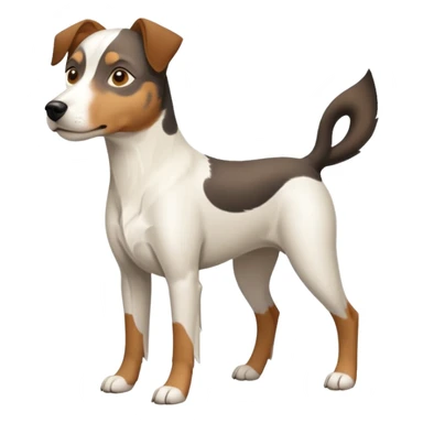 a full body large white parson russell looking dog the size of a kelpie with light brown flapped down ears and a light brown patch on one eye and a large snout sticker