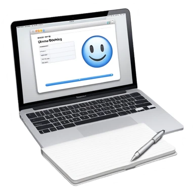 online booking system on MacBook screen next to an old-style paper notebook with a pen sticker