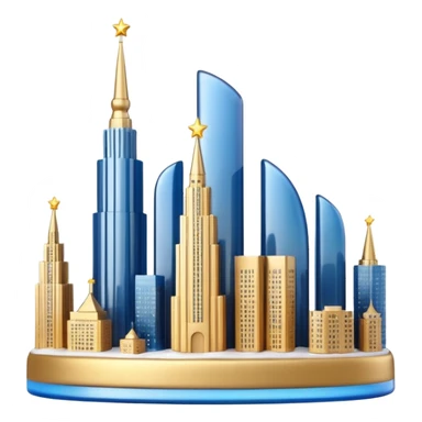 3D emoji of Moscow City business district skyline. A cluster of stylized skyscrapers with different shapes (gold, blue, silver). Decorated with tiny glowing Christmas lights. Soft 3D render, clay and glass textures, Apple aesthetic, isolated on a white background. sticker