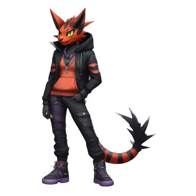 Cool Anthro Noivern-Litten-Vampiric-Pokémon with edgy stripes hoodie spiked collar punk techwear Cargo Pants Full Body sticker