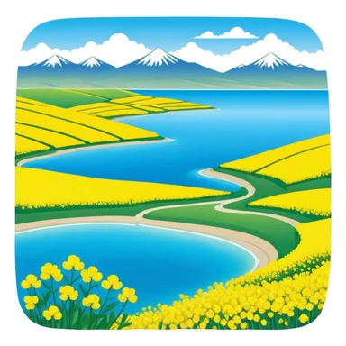 Qinghai Lake spring scenery with rapeseed flowers and blue water, simplified emoji style with bold outlines and bright colors, cartoon style vast lake with mountains sticker