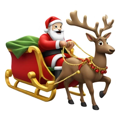 Santa Claus riding his red and gold sleigh which is being pulled by a reindeer with a red nose sticker
