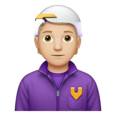 Crea un emoji de un electricista, hombre rubio con pelo corto hacia al lado, sin gafas, con forro polar morada y nombre empresa INDYDES sticker