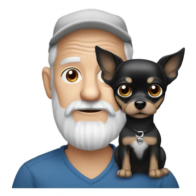 Old man with blue eyes goatee beard ball cap holding cute black Chihuahua long hair sticker