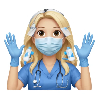 enfermera rubia con pelo largo sin nada en el pelo, con mascarilla y guantes azules las dos manos arriba sticker