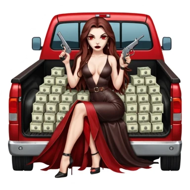 Lilith red eye seductress evil long brown haired sexy succubus woman with leather long dress with slit on, sitting in Big Large F350 pickup truck. Back seat full of stacks of cash, she is  Holding a human skull of her enemies and a gun in other hand sticker