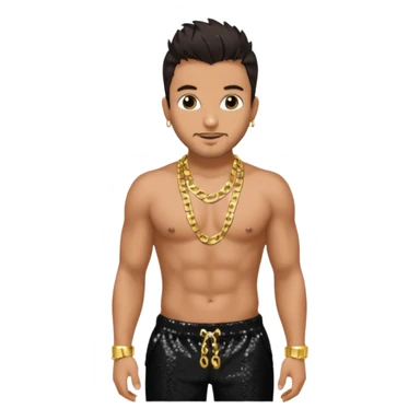 Peter Andre with dark brown hair, black sequin baggy pants, shirtless with necklace sticker
