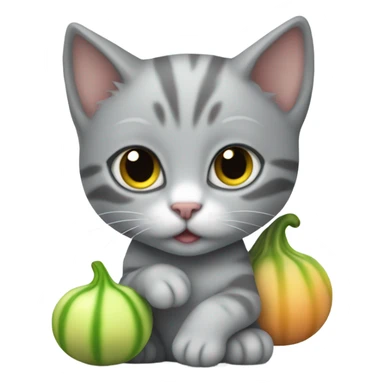 The gray kitten is holding a sugar gourd sticker