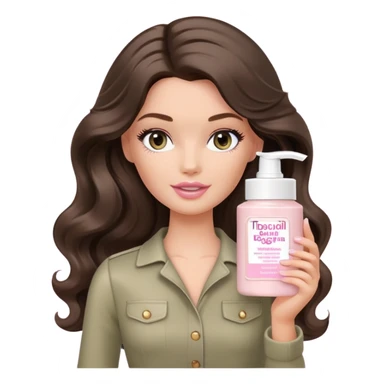 A white Barbie girl with long dark brown wavy hair in pale olive clothes holds Pale pink body moisturizer cream pot  sticker